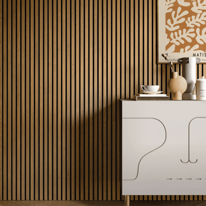 Decorative wood slats on wall